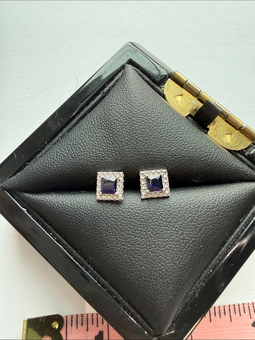 Square Lab Sapphire Halo Stud Earrings - Blue and 10k White Gold